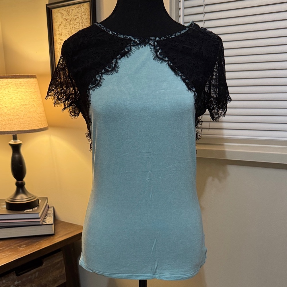 VENUS Black Lace and Blue Short Sleeve Top